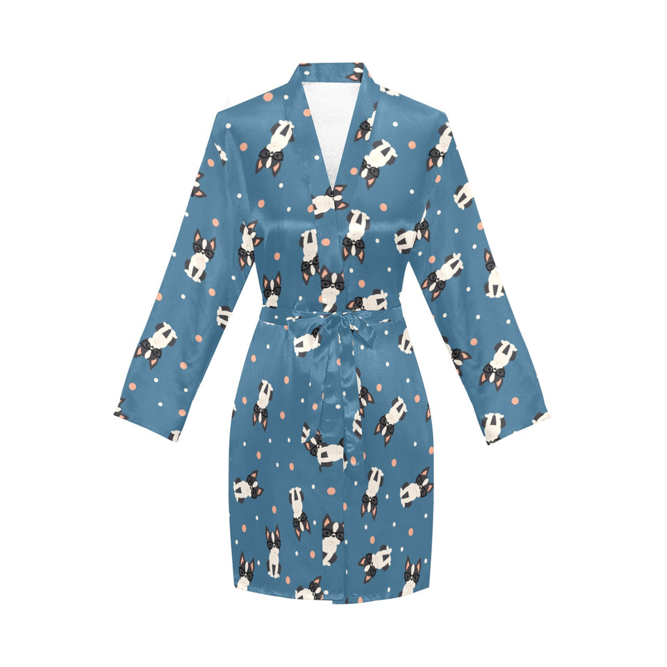 Cute boston terrier dog spattern Women's Long Sleeve Belted Night Robe