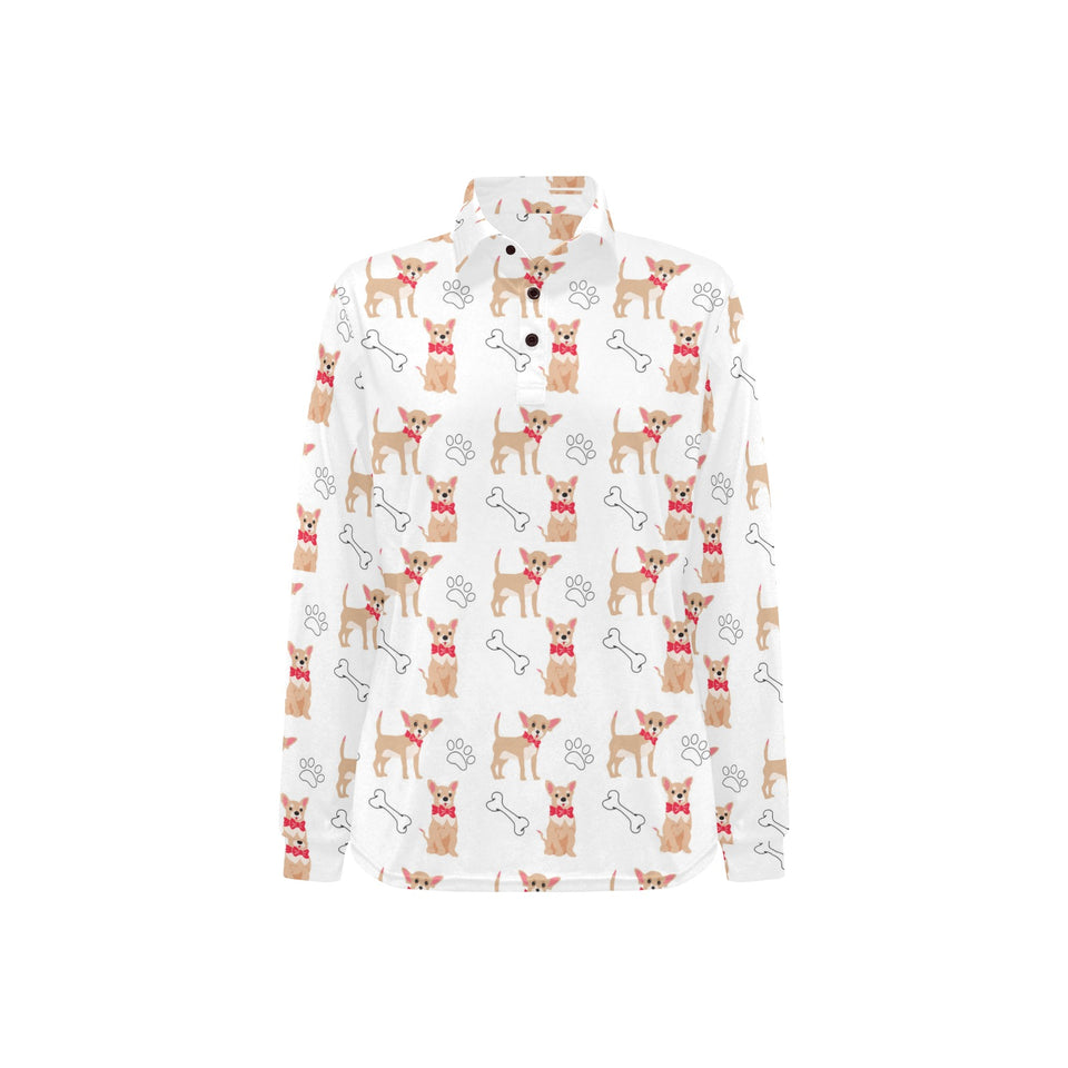 Chihuahua bone paw pattern Women's Long Sleeve Polo Shirt