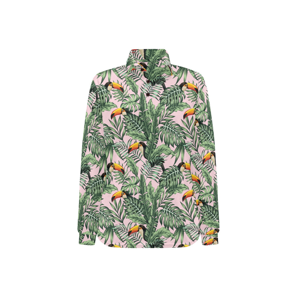 Toucan tropical green jungle palm pattern Women's Long Sleeve Polo Shirt