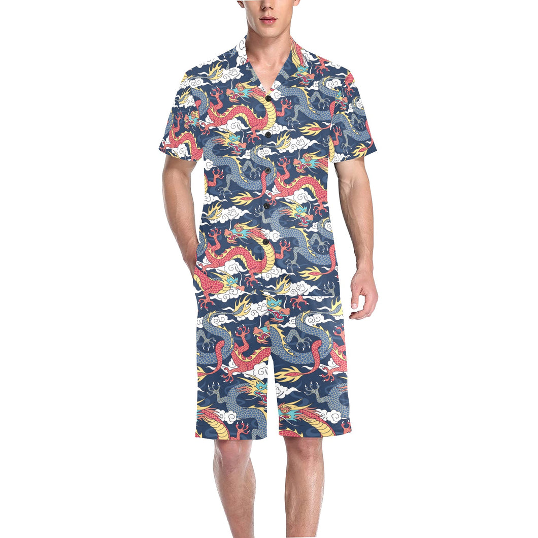 Blue red dragon cloud pattern Men's V-Neck Short Pajama Set