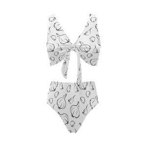 Garlic pattern black white Chest Bowknot High Waisted Bikini Swimsuit