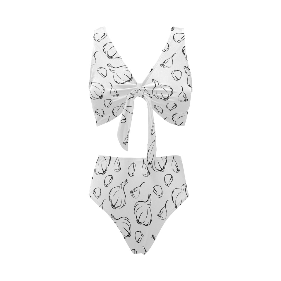 Garlic pattern black white Chest Bowknot High Waisted Bikini Swimsuit