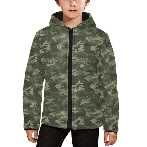 Digital Green camouflage pattern Kids' Boys' Girls' Padded Hooded Jacket