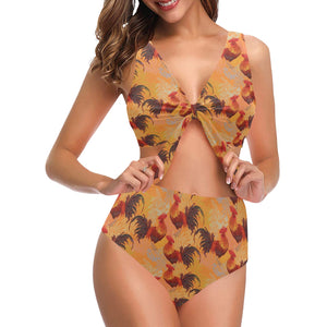 red rooster chicken cock pattern Chest Bowknot High Waisted Bikini Swimsuit