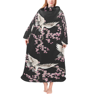 Japanese crane pink sakura pattern Blanket Robe with Sleeves