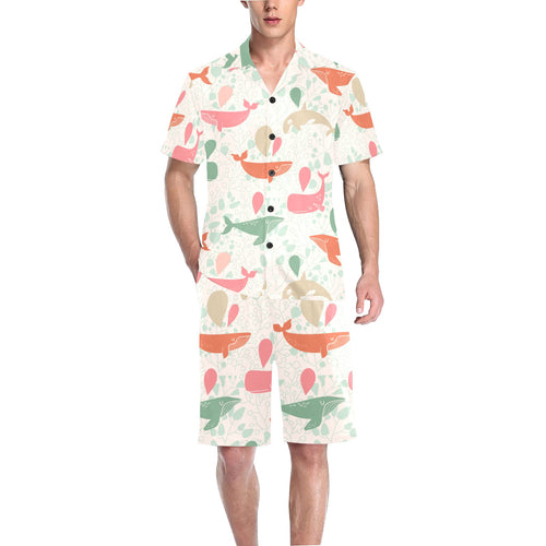 Cute whale pattern Men's V-Neck Short Pajama Set