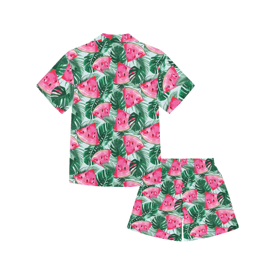 Watermelons tropical palm leaves pattern Kids' Boys' Girls' V-Neck Short Pajama Set