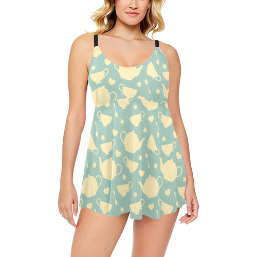 Tea pots Pattern Print Design 02 Chest Sexy Pleated Two Piece Swim Dress