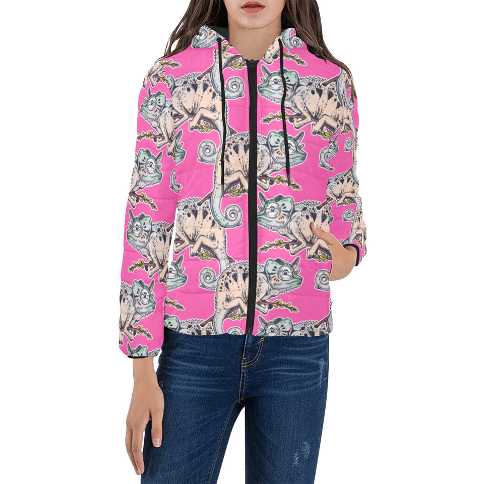 Chameleon lizard pattern pink background Women's Padded Hooded Jacket
