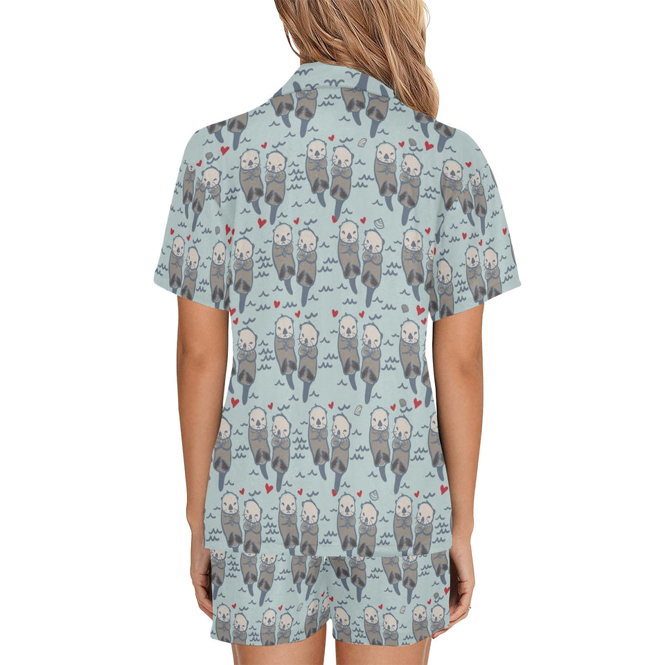Lovely Sea Otter Pattern Women's V-Neck Short Pajama Set