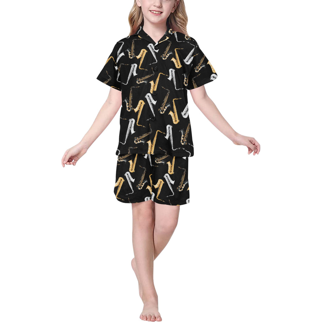saxophone design pattern Kids' Boys' Girls' V-Neck Short Pajama Set