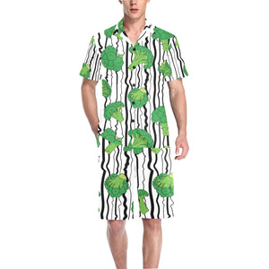 Cool Broccoli pattern Men's V-Neck Short Pajama Set