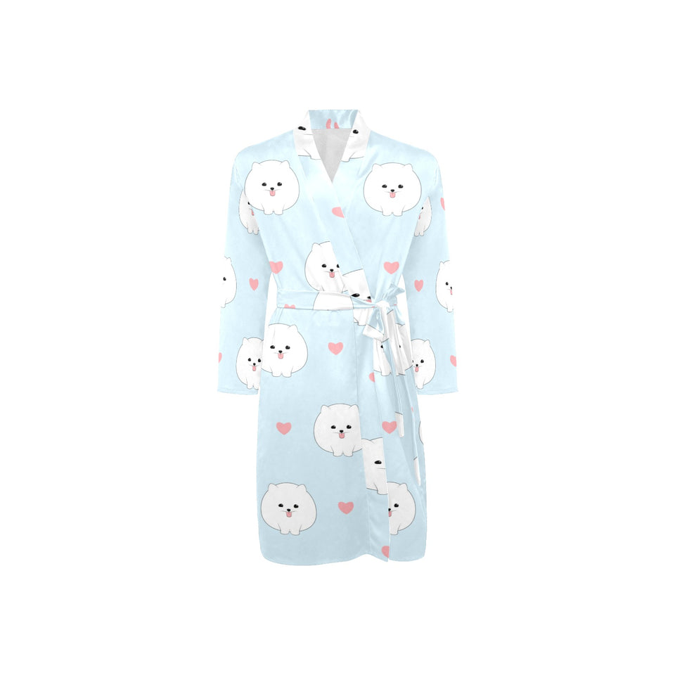 White cute pomeranian pattern Men's Long Sleeve Belted Night Robe