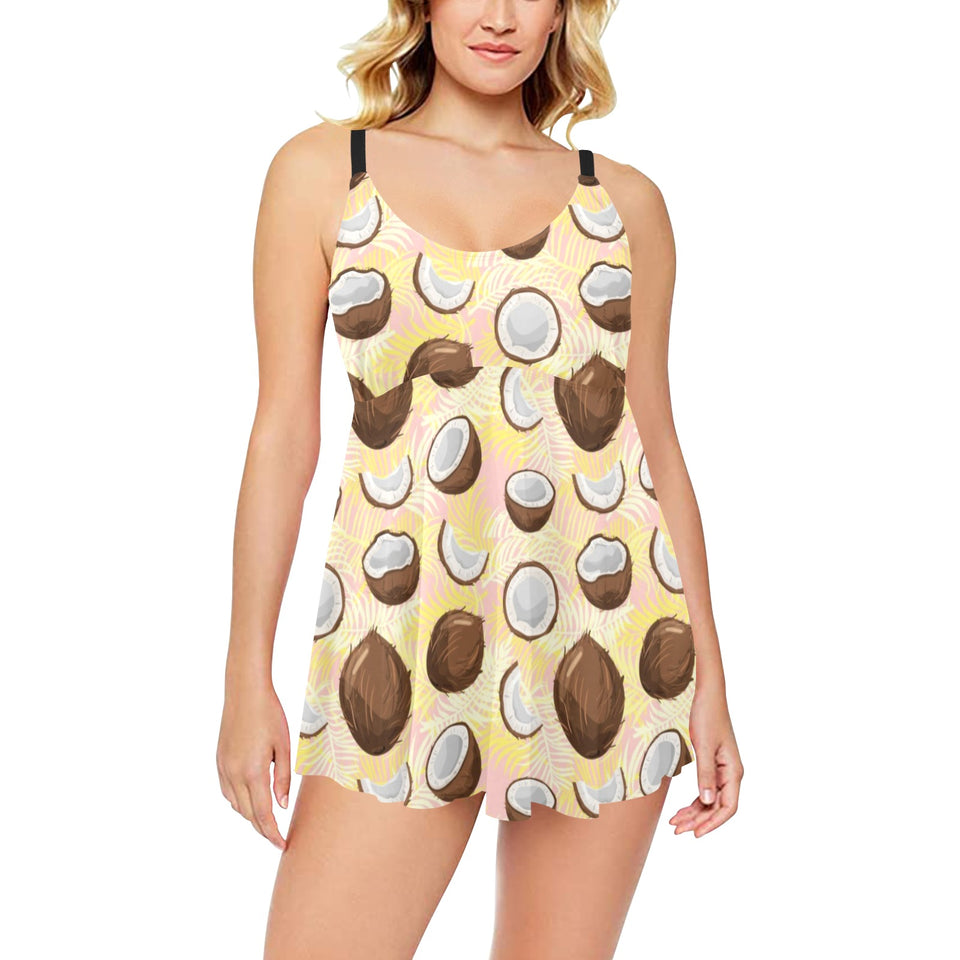 Coconut Pattern Print Design 05 Chest Sexy Pleated Two Piece Swim Dress