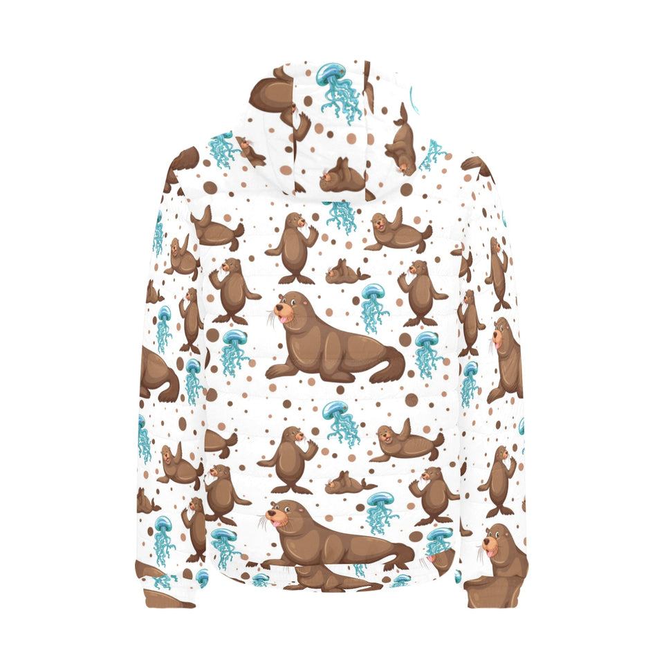sea lion Seals jellyfish pattern Men's Padded Hooded Jacket