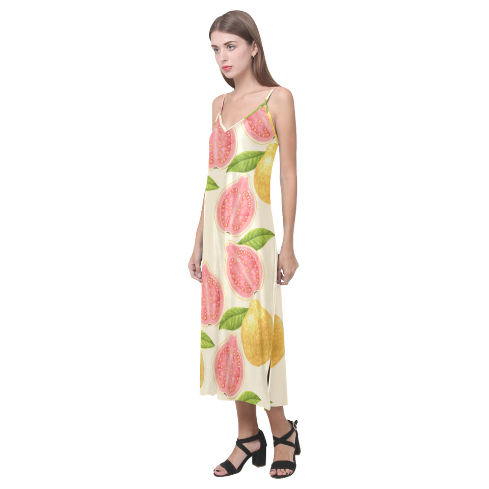 Beautiful guava pattern V-Neck Open Fork Long Dress