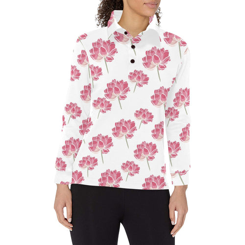 Pink lotus waterlily pattern Women's Long Sleeve Polo Shirt