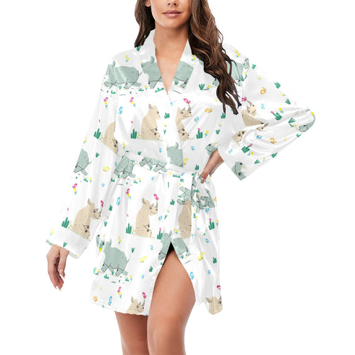 Cute Rhino pattern Women's Long Sleeve Belted Night Robe