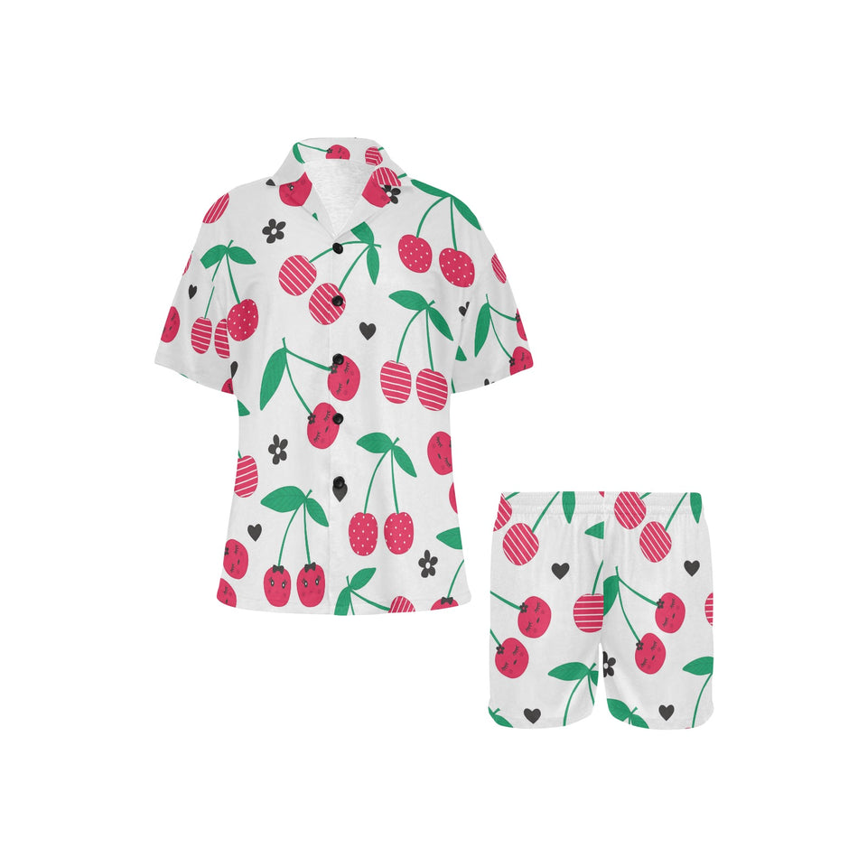 cherry pattern white background Women's V-Neck Short Pajama Set