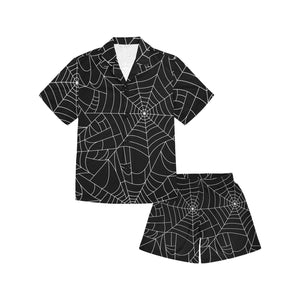 Spider web pattern Black background white cobweb Kids' Boys' Girls' V-Neck Short Pajama Set