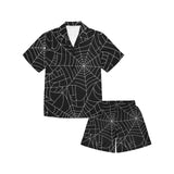 Spider web pattern Black background white cobweb Kids' Boys' Girls' V-Neck Short Pajama Set