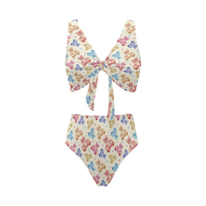 Teddy Bear Pattern Print Design 05 Chest Bowknot High Waisted Bikini Swimsuit