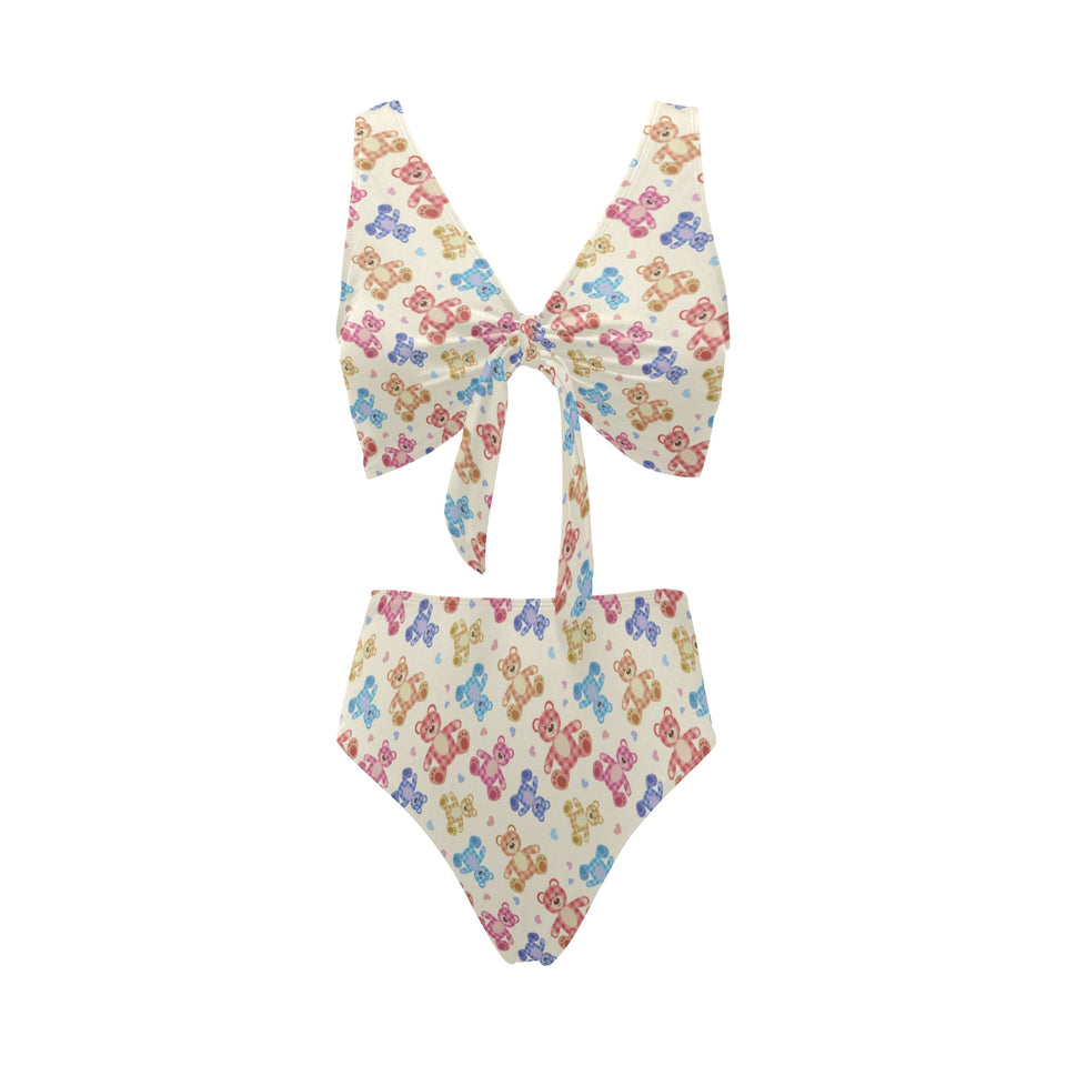 Teddy Bear Pattern Print Design 05 Chest Bowknot High Waisted Bikini Swimsuit