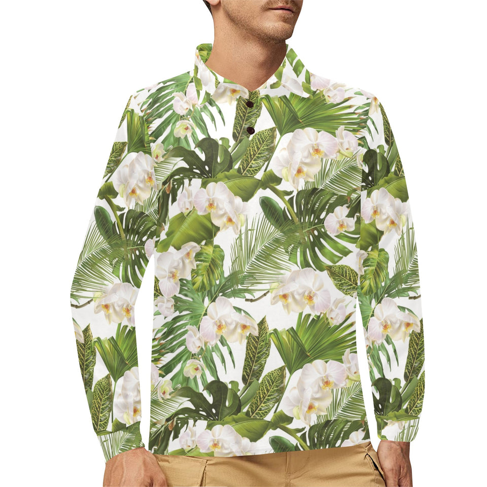 White orchid flower tropical leaves pattern Men's Long Sleeve Polo Shirt