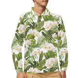 White orchid flower tropical leaves pattern Men's Long Sleeve Polo Shirt