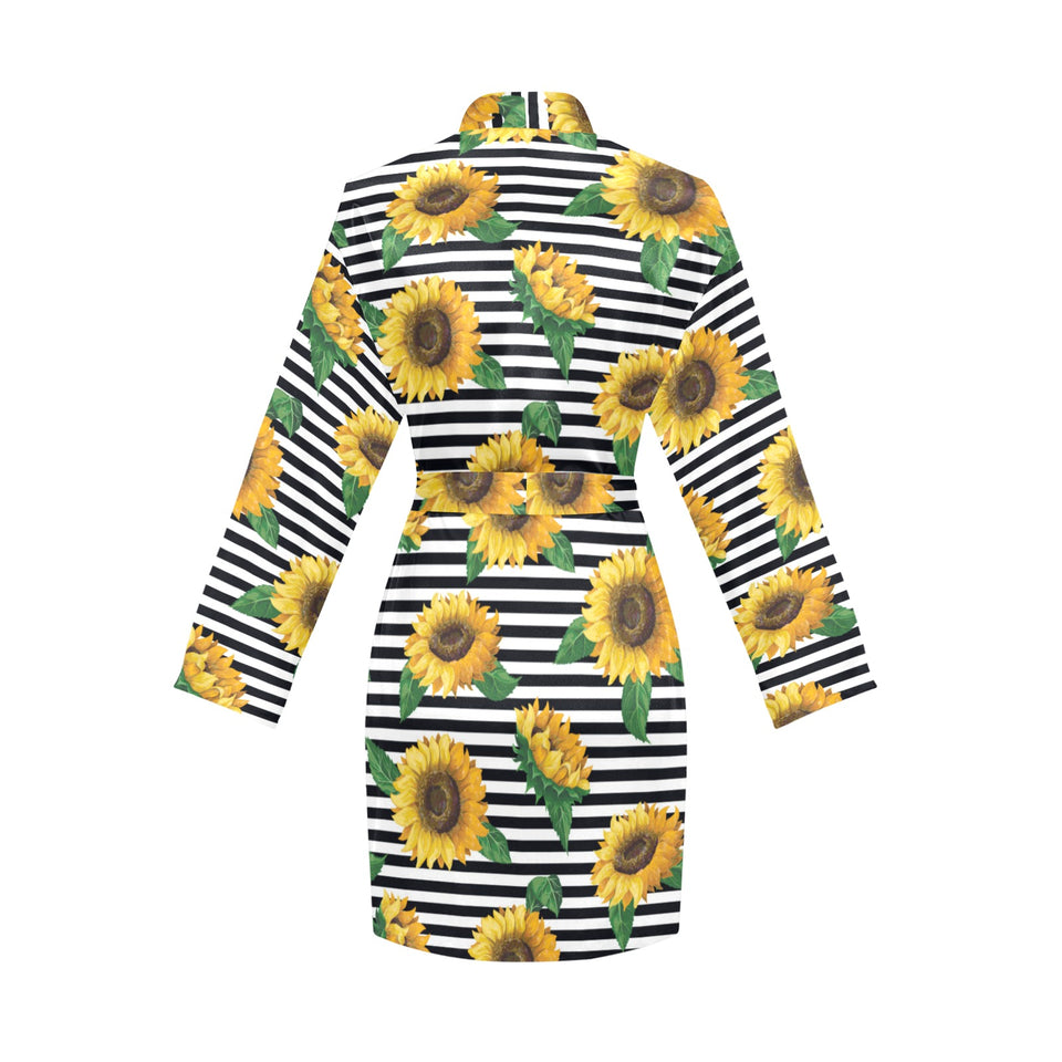 sunflowers ribbon background Women's Long Sleeve Belted Night Robe