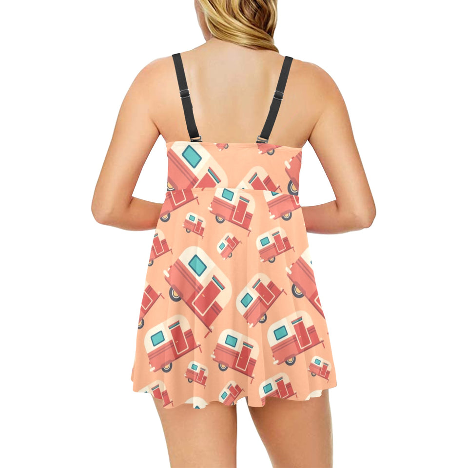 Camper Van Pattern Print Design 03 Chest Sexy Pleated Two Piece Swim Dress