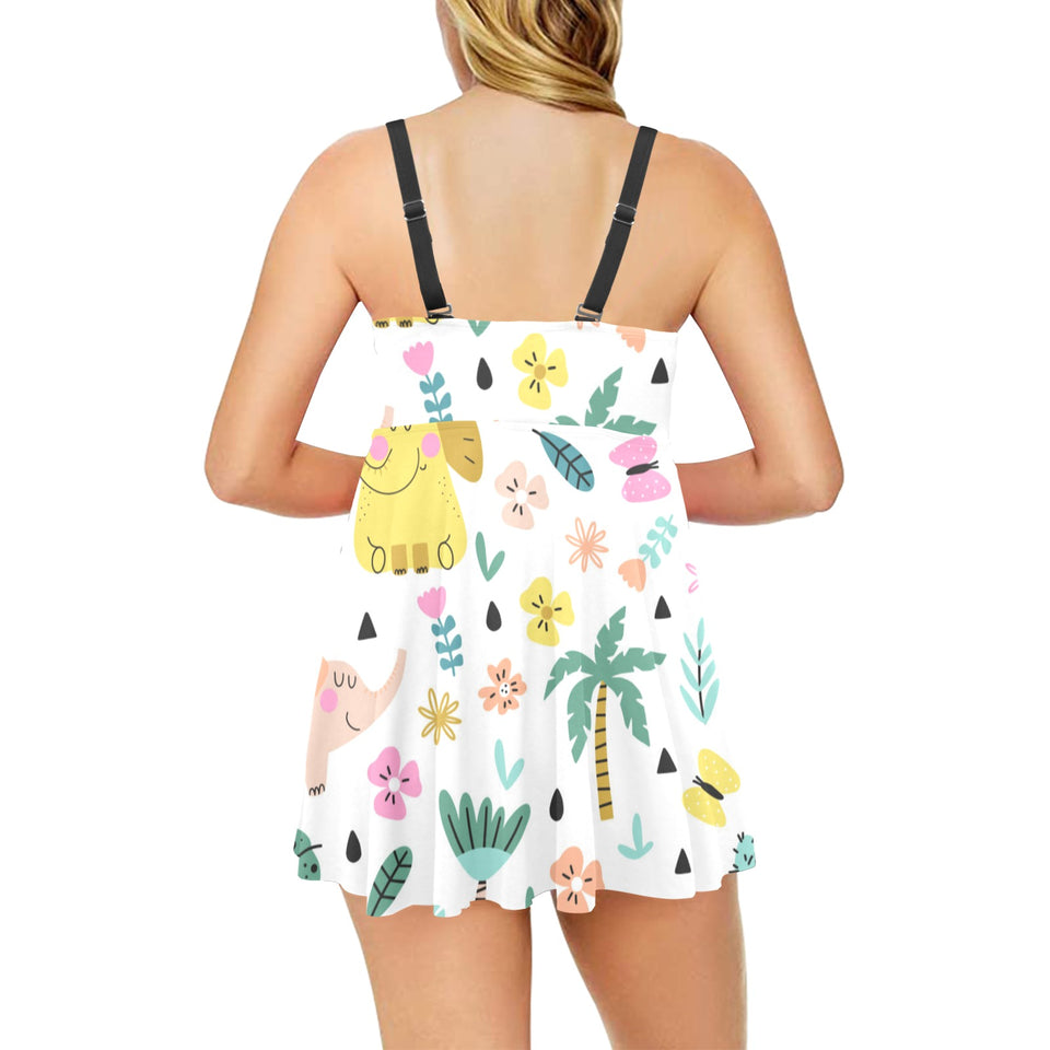 Cute elephants palm tree flower butterfly pattern Chest Sexy Pleated Two Piece Swim Dress
