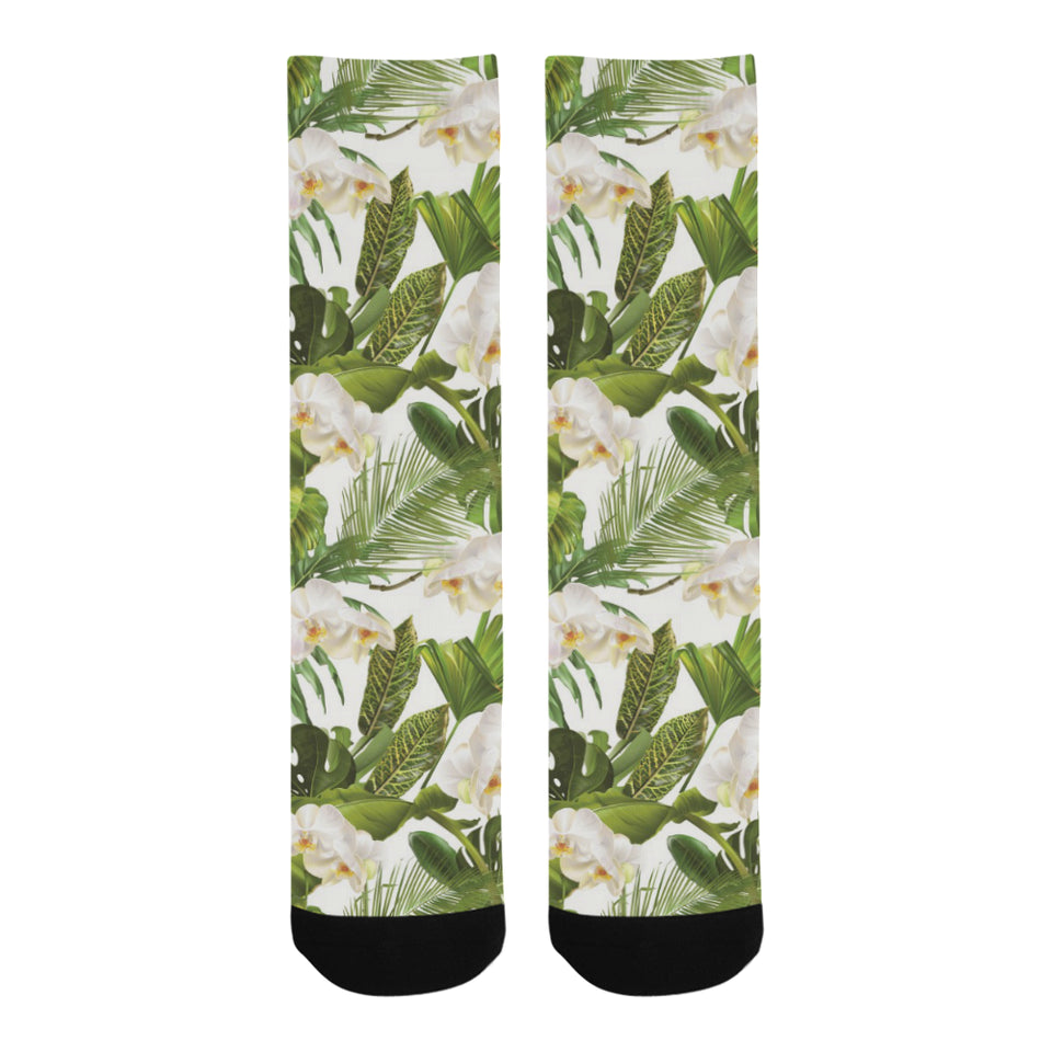 White orchid flower tropical leaves pattern Crew Socks