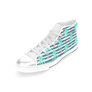 Cute octopuses heart striped background Women's High Top Canvas Shoes White
