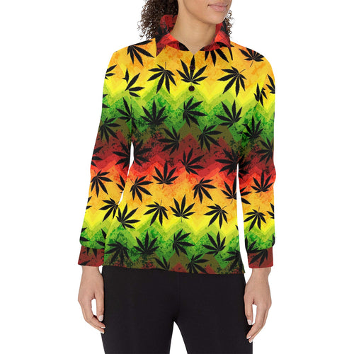 Canabis Marijuana Weed Pattern Print Design 03 Women's Long Sleeve Polo Shirt