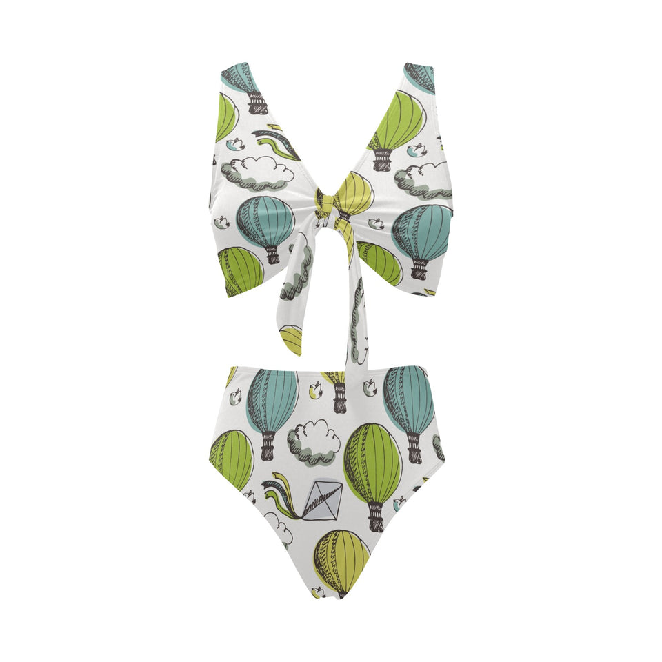 Hot Air Balloon Bird Cloud Pattern Chest Bowknot High Waisted Bikini Swimsuit