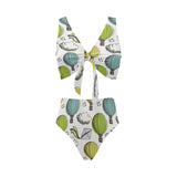 Hot Air Balloon Bird Cloud Pattern Chest Bowknot High Waisted Bikini Swimsuit