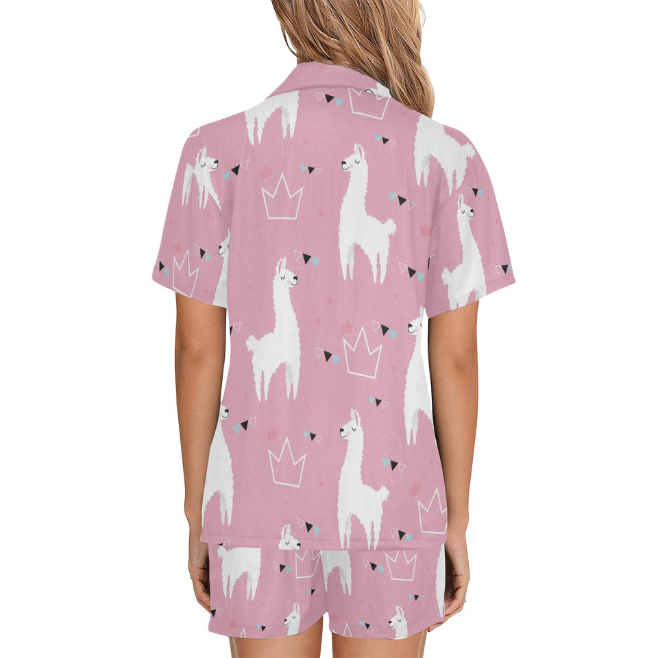 Llama Alpaca pink background Women's V-Neck Short Pajama Set