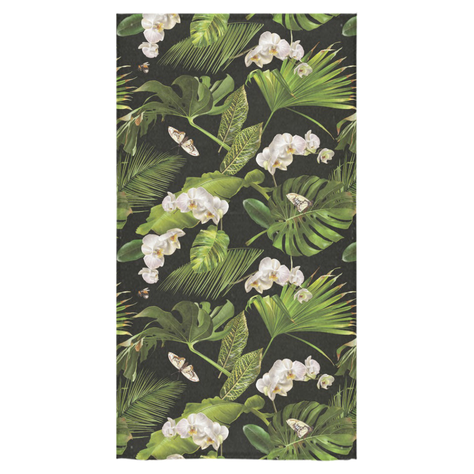 White orchid flower tropical leaves pattern blackg Bath Towel