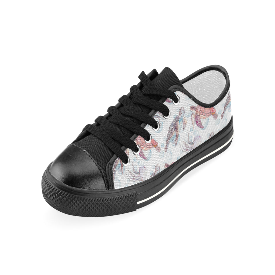 Watercolor sea turtle jellyfish pattern Women's Low Top Canvas Shoes Black