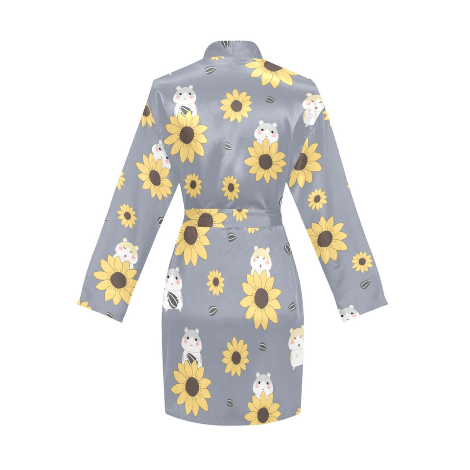 Cute hamster sunflower pattern background Women's Long Sleeve Belted Night Robe