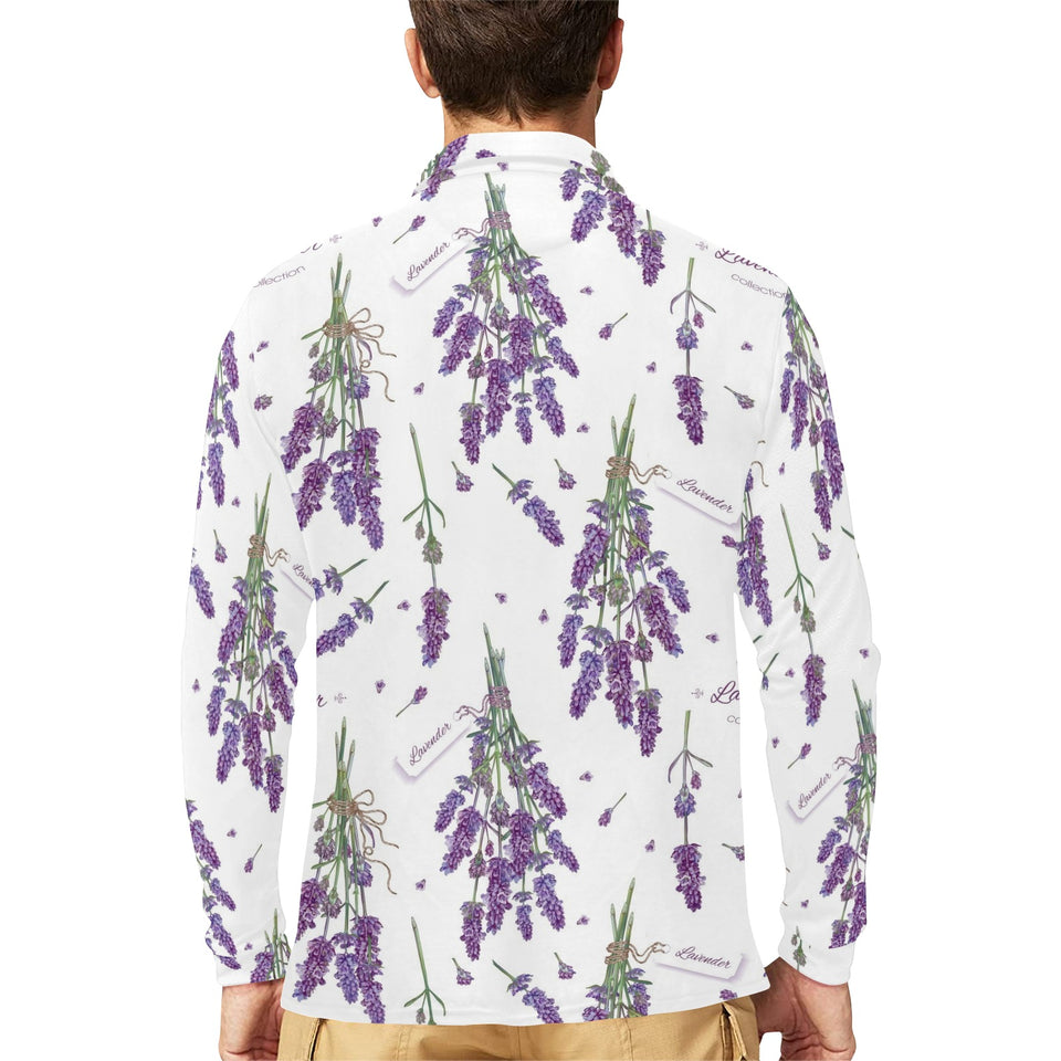 lavender flower design pattern Men's Long Sleeve Polo Shirt