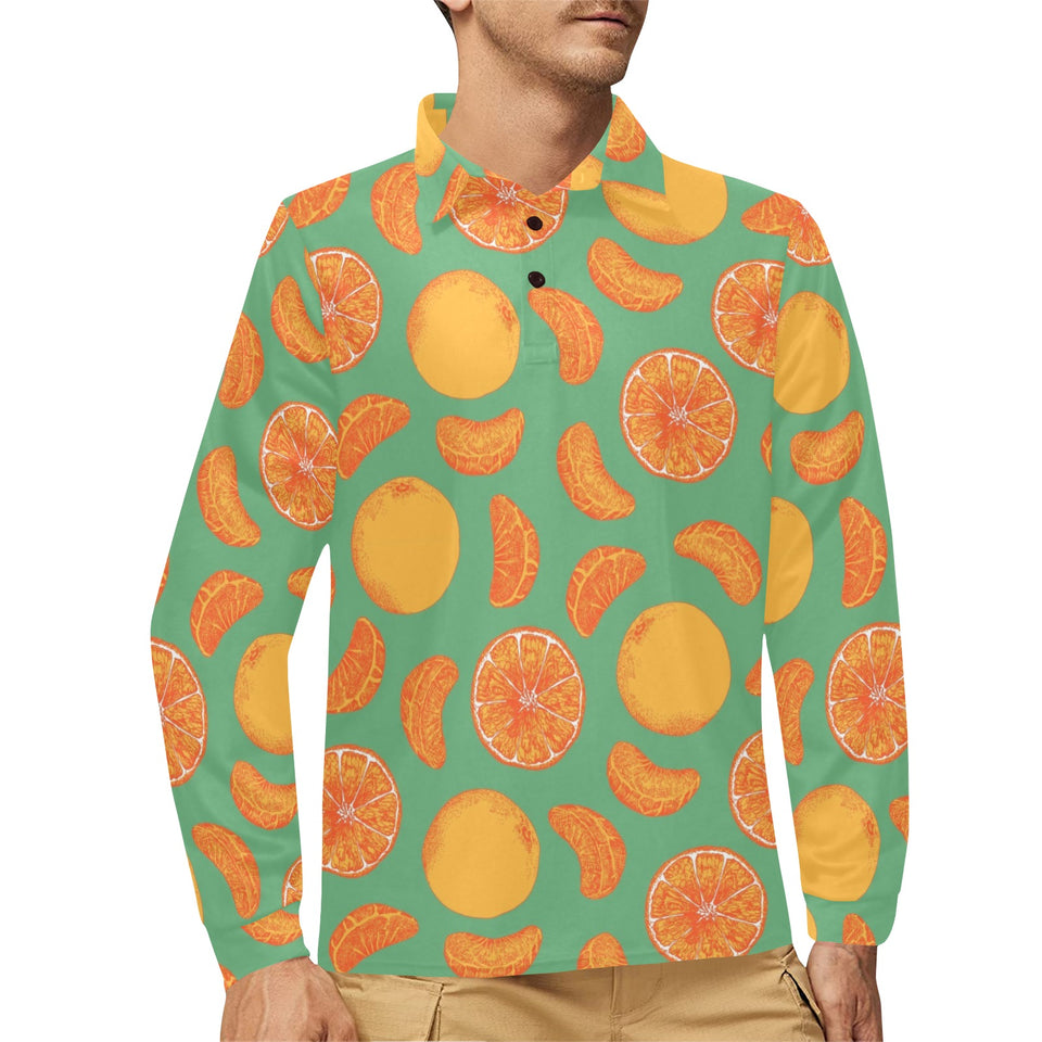 orange fruit pattern green background Men's Long Sleeve Polo Shirt