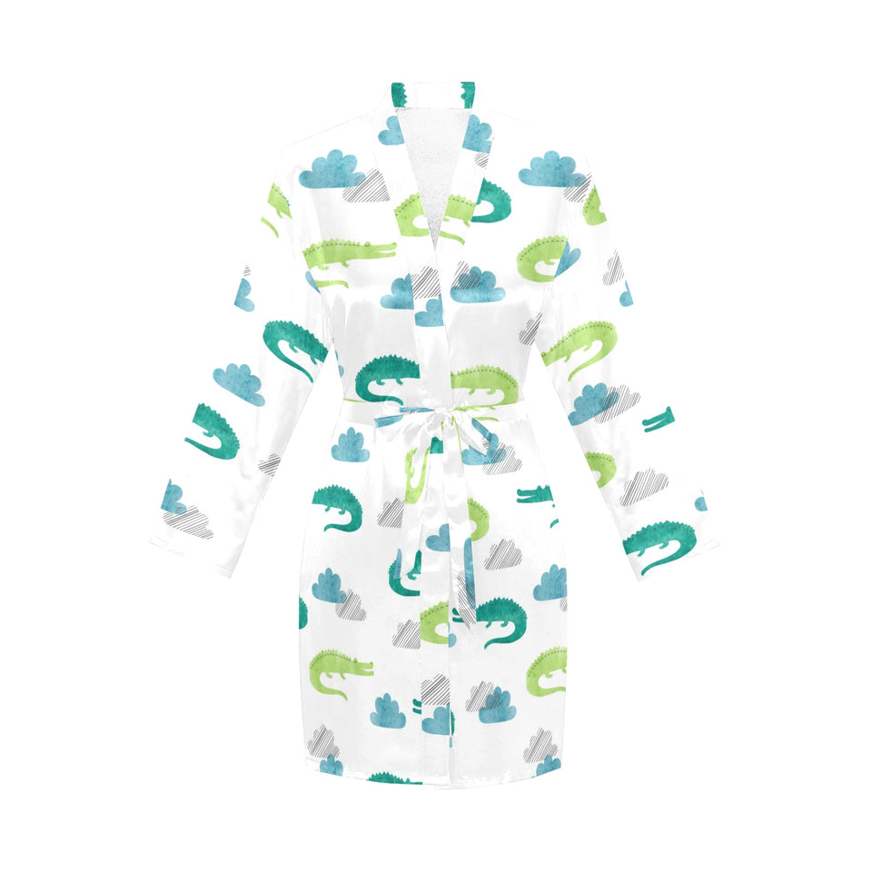 watercolor crocodile pattern Women's Long Sleeve Belted Night Robe