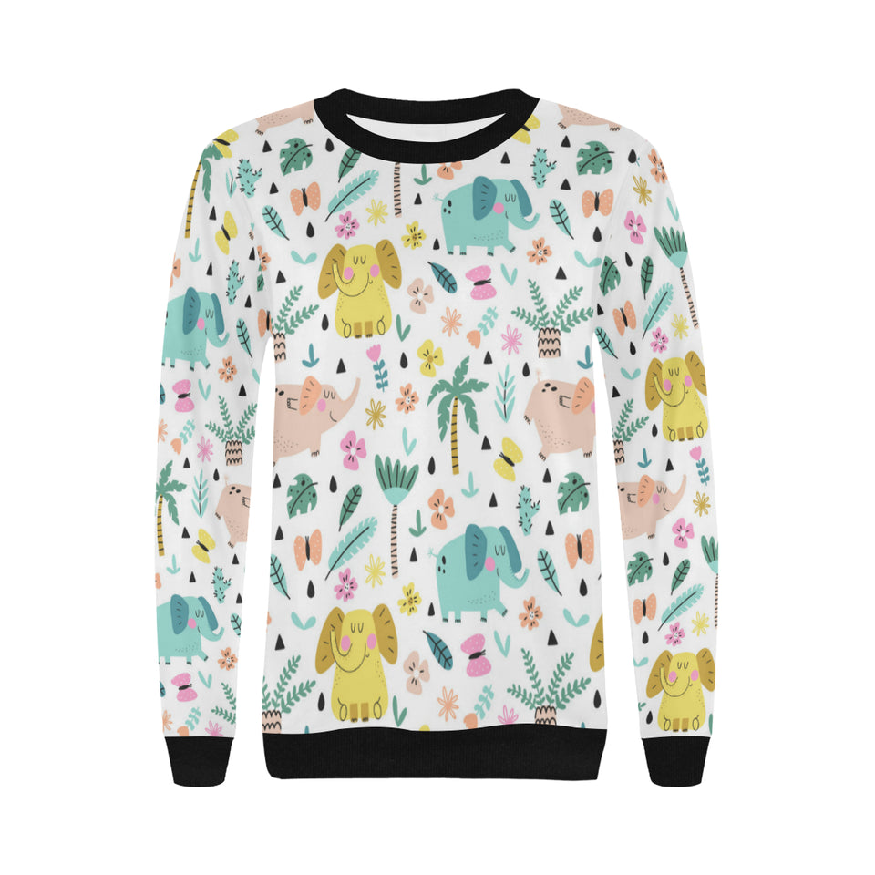 Cute elephants palm tree flower butterfly pattern Women's Crew Neck Sweatshirt