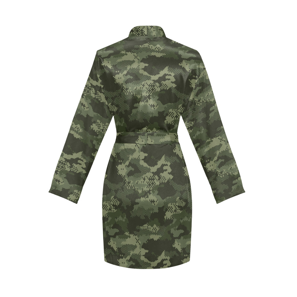 Digital Green camouflage pattern Women's Long Sleeve Belted Night Robe