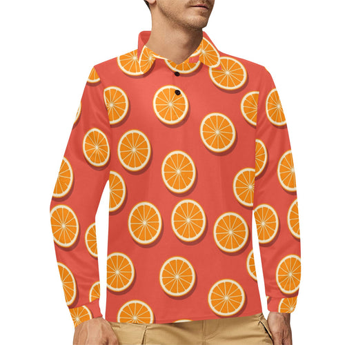 Oranges pattern red background Men's Long Sleeve Polo Shirt