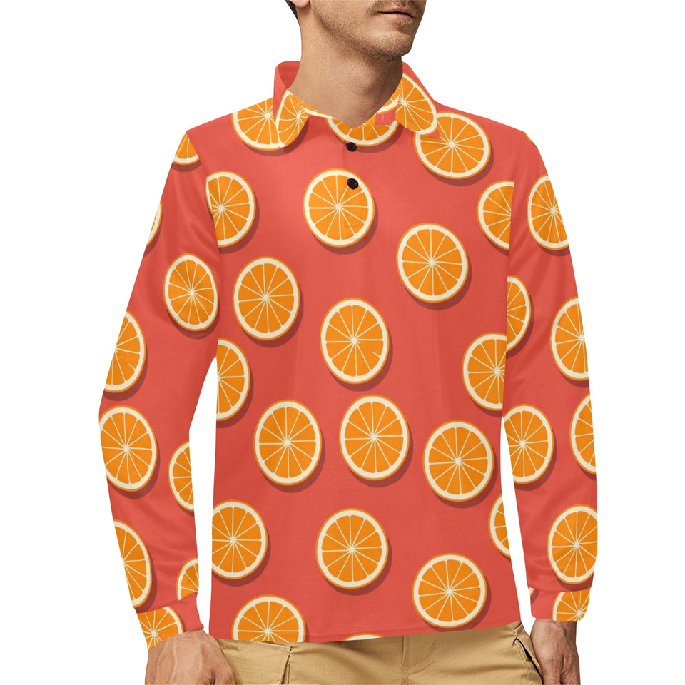 Oranges pattern red background Men's Long Sleeve Polo Shirt