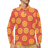 Oranges pattern red background Men's Long Sleeve Polo Shirt