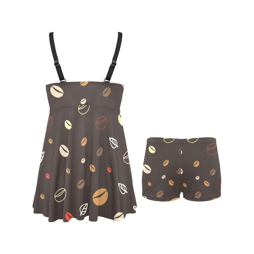 Coffee bean leave pattern Chest Sexy Pleated Two Piece Swim Dress